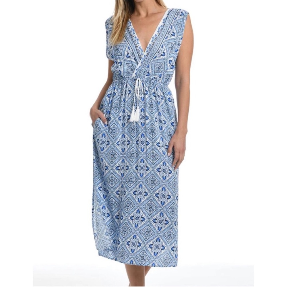 La Blanca Mediterranean Breeze Tie Front Midi Dress Swim Cover Up  Capri Blue  M